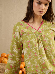 Lime Green Floral Printed V-Neck Night Dress - SanskrutiHomes 