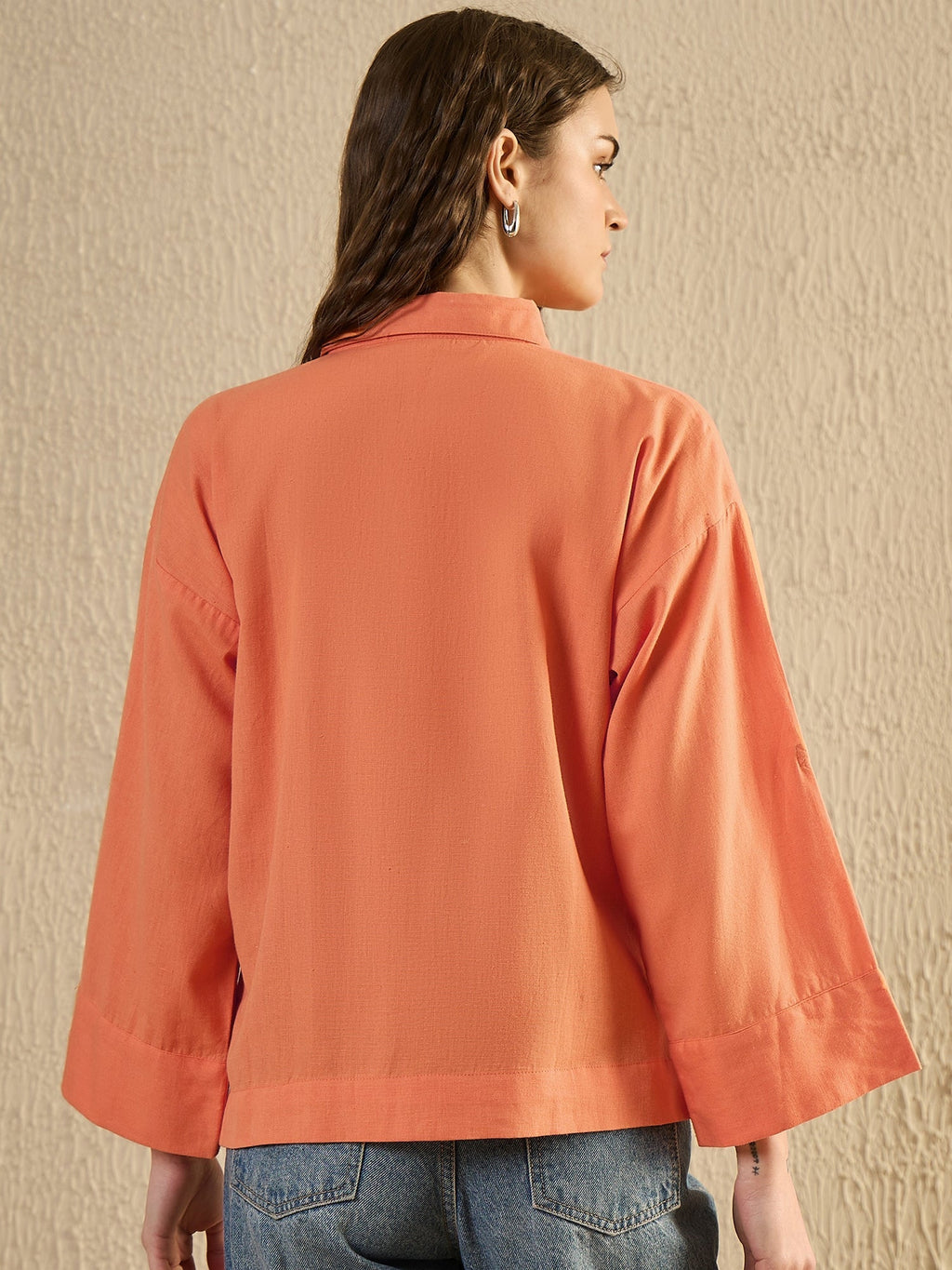 Orange Color Shirt Collar Cotton Shirt for Women - SanskrutiHomes 