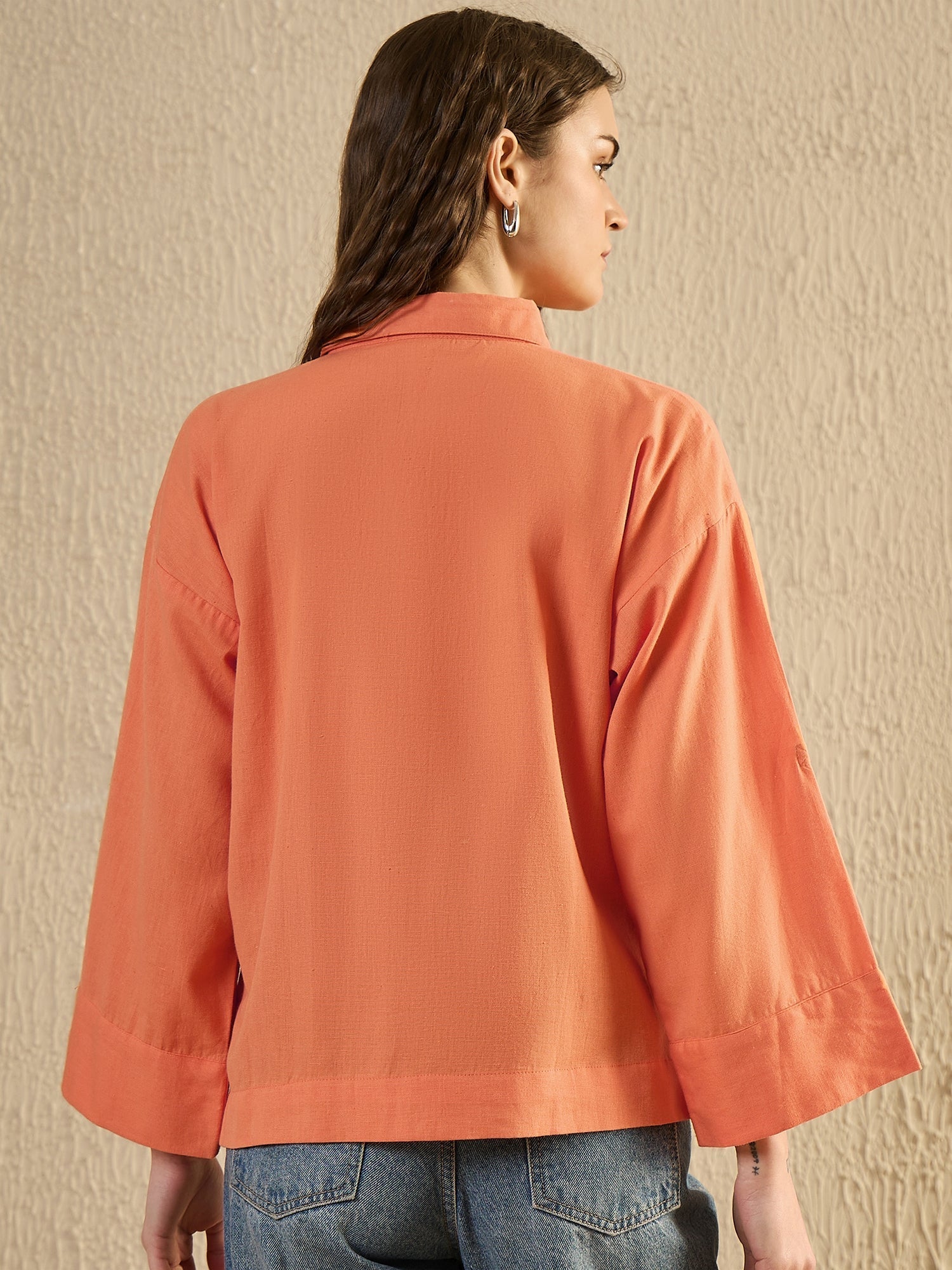Orange Color Shirt Collar Cotton Shirt for Women - SanskrutiHomes 