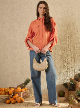 Orange Color Shirt Collar Cotton Shirt for Women - SanskrutiHomes 