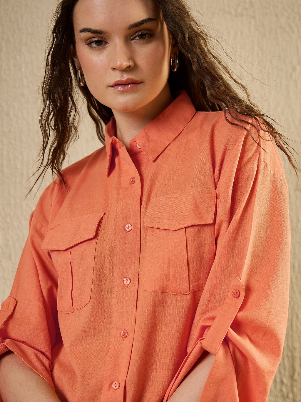 Orange Color Shirt Collar Cotton Shirt for Women - SanskrutiHomes 