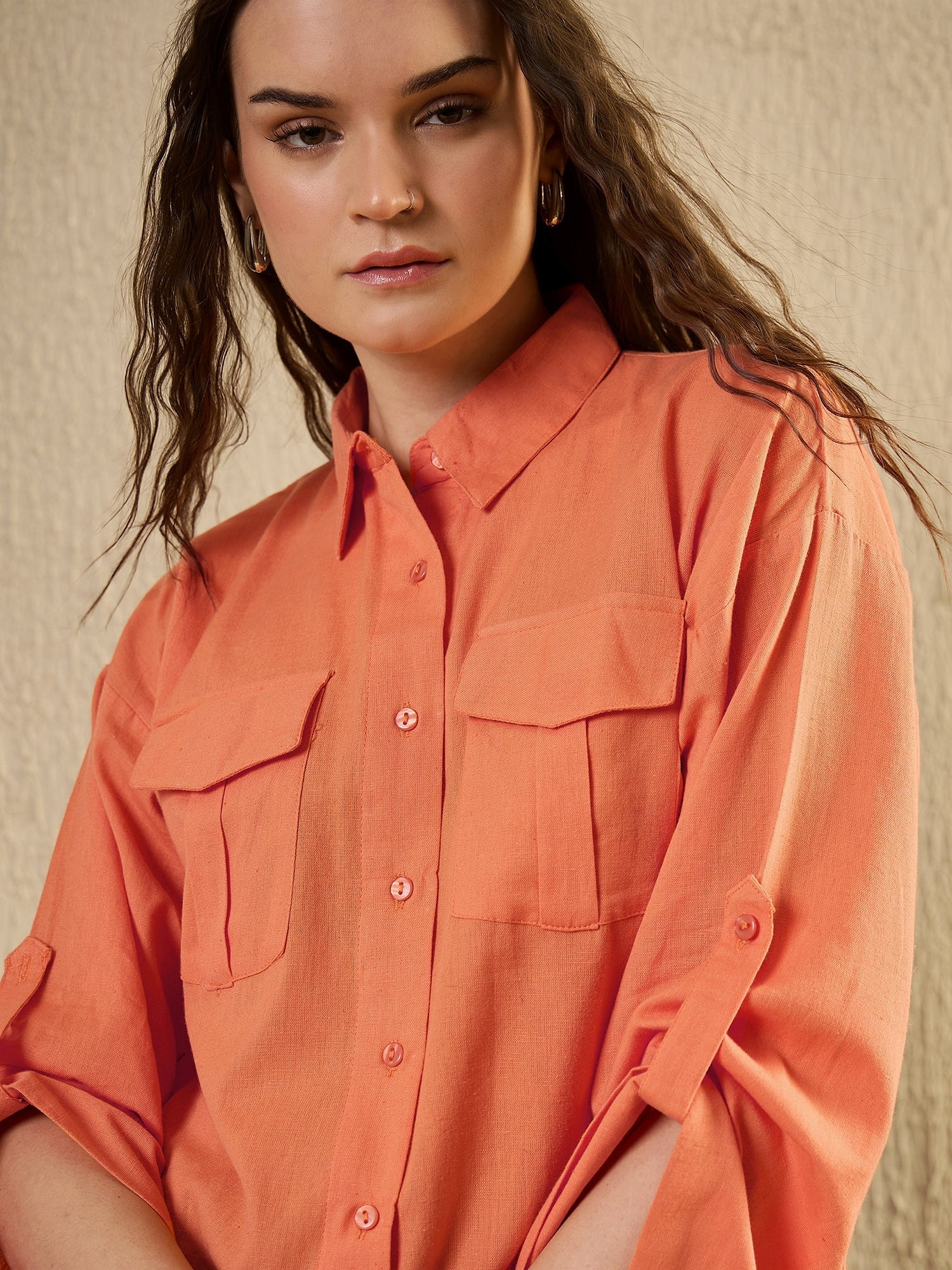 Orange Color Shirt Collar Cotton Shirt for Women - SanskrutiHomes 