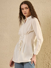 White Solid Print Cotton Shirt For Women