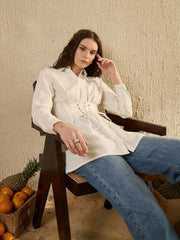 White Solid Print Cotton Shirt For Women