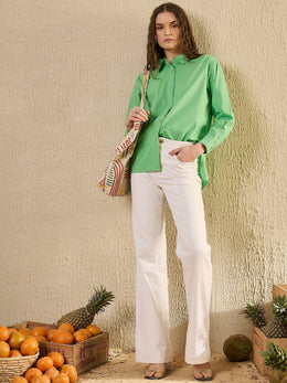 Green Color Solid Cotton Women Shirt - SanskrutiHomes 