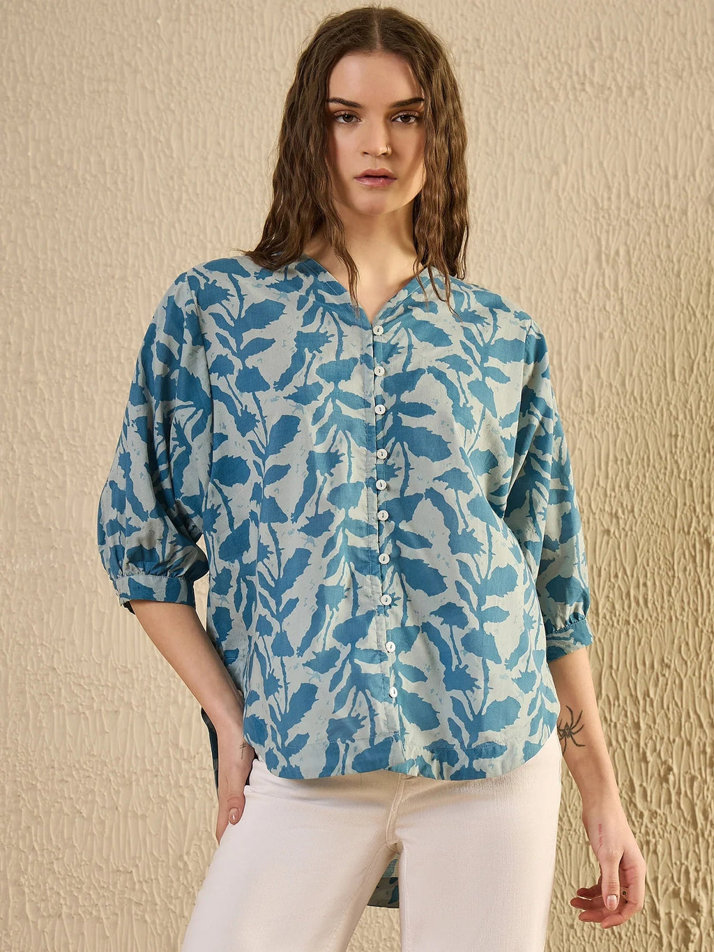 Teal Color Floral Cotton Women Shirt - SanskrutiHomes 