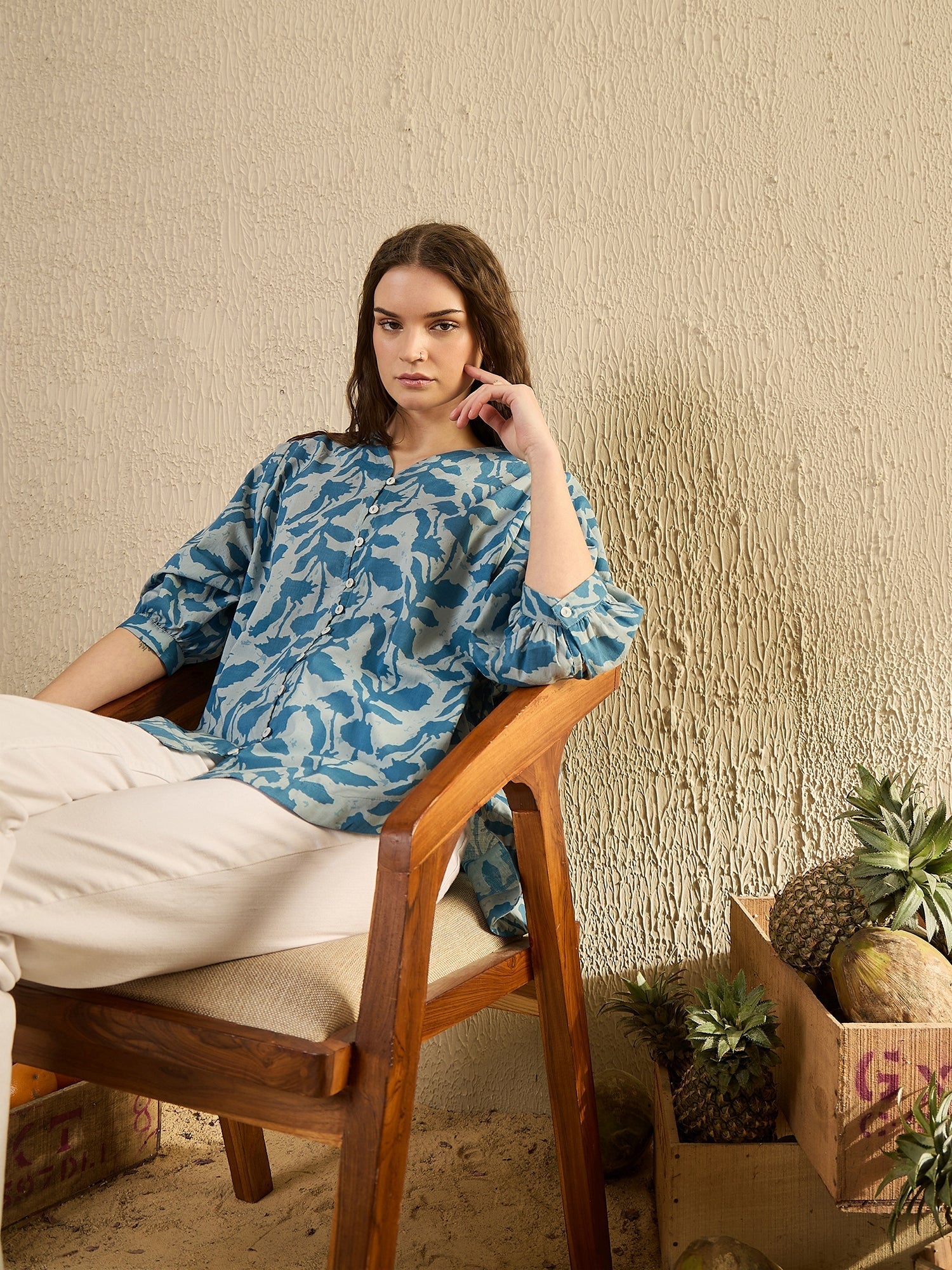 Teal Color Floral Cotton Women Shirt - SanskrutiHomes 