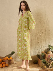 Lime Green Floral Printed V-Neck Night Dress - SanskrutiHomes 