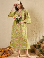 Lime Green Floral Printed V-Neck Night Dress - SanskrutiHomes 