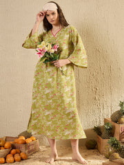Lime Green Floral Printed V-Neck Night Dress - SanskrutiHomes 
