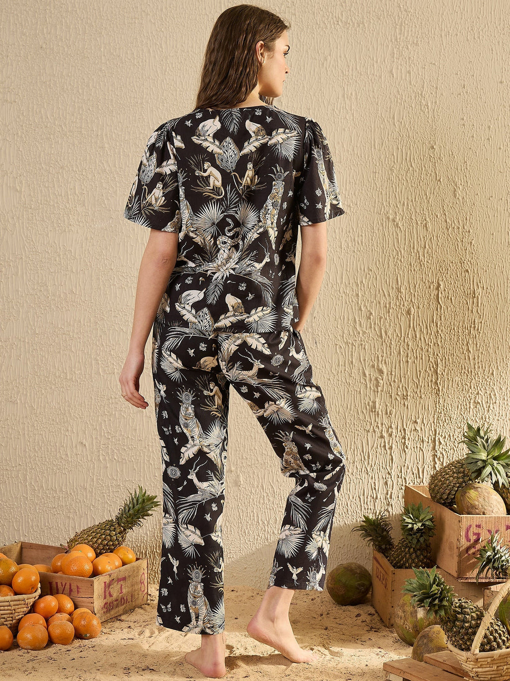 Women Animal Printed Black Night Suit Set - SanskrutiHomes 