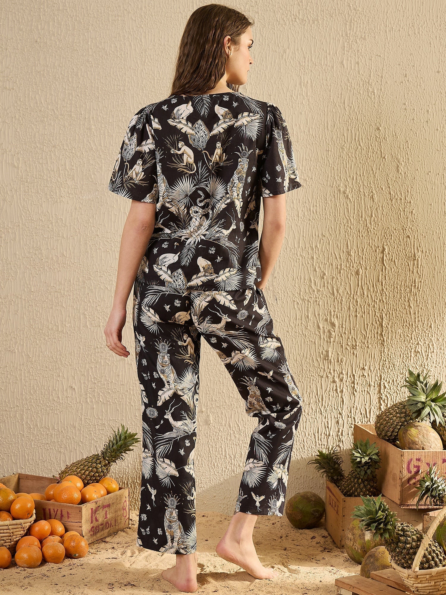 Women Animal Printed Black Night Suit Set - SanskrutiHomes 