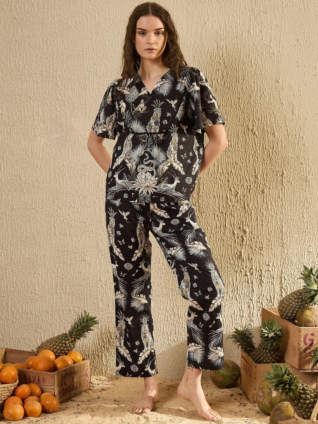 Women Animal Printed Black Night Suit Set - SanskrutiHomes 