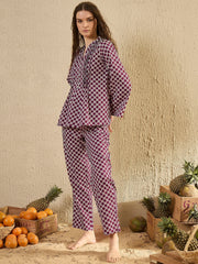 Women Geometric Printed Purple Night Suit Set - SanskrutiHomes 