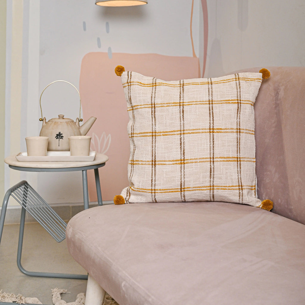 Handloom Pure Cotton Cushion Cover with pompom - SanskrutiHomes 