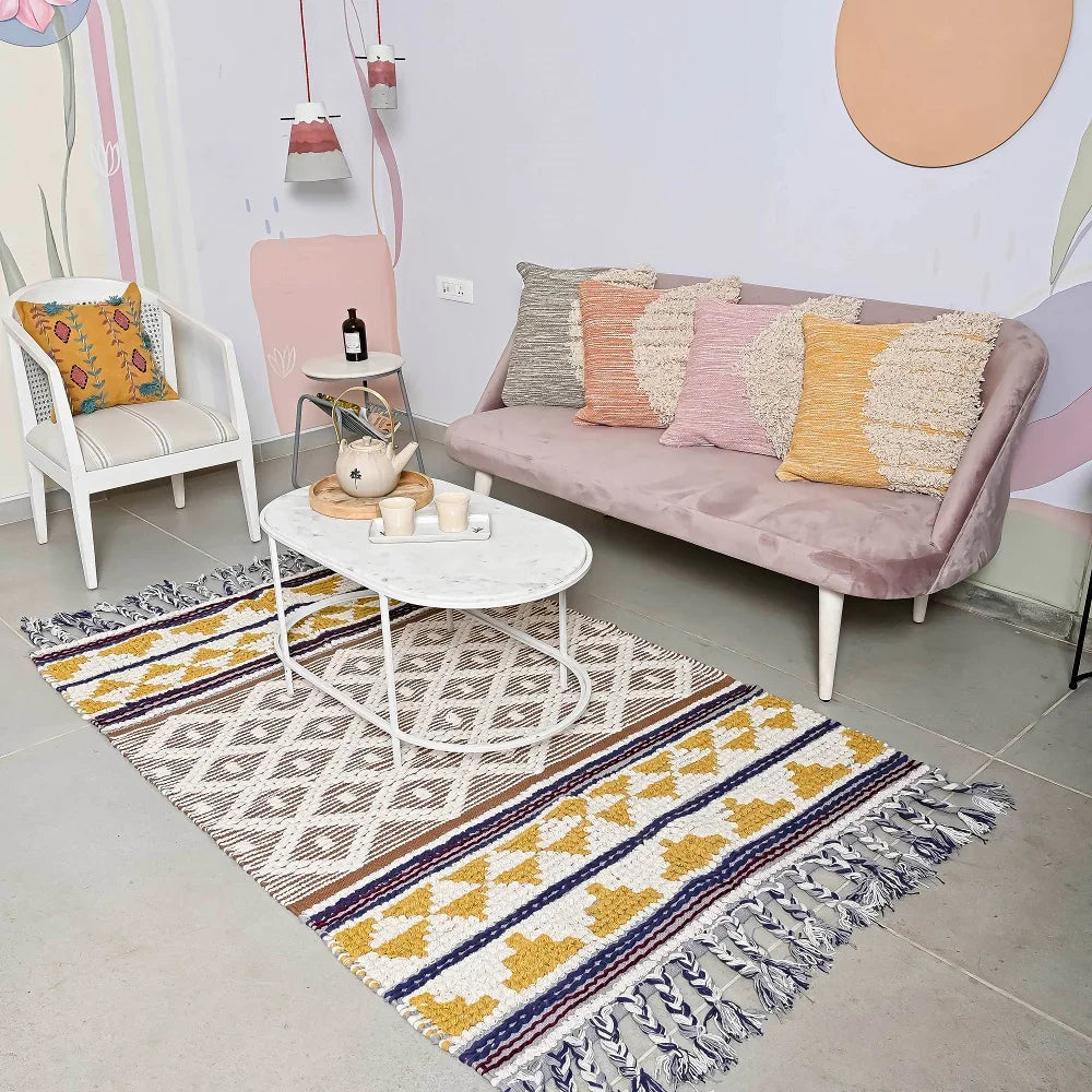 Hand-weaved 100% Cotton woven Multi-color Rug - SanskrutiHomes 