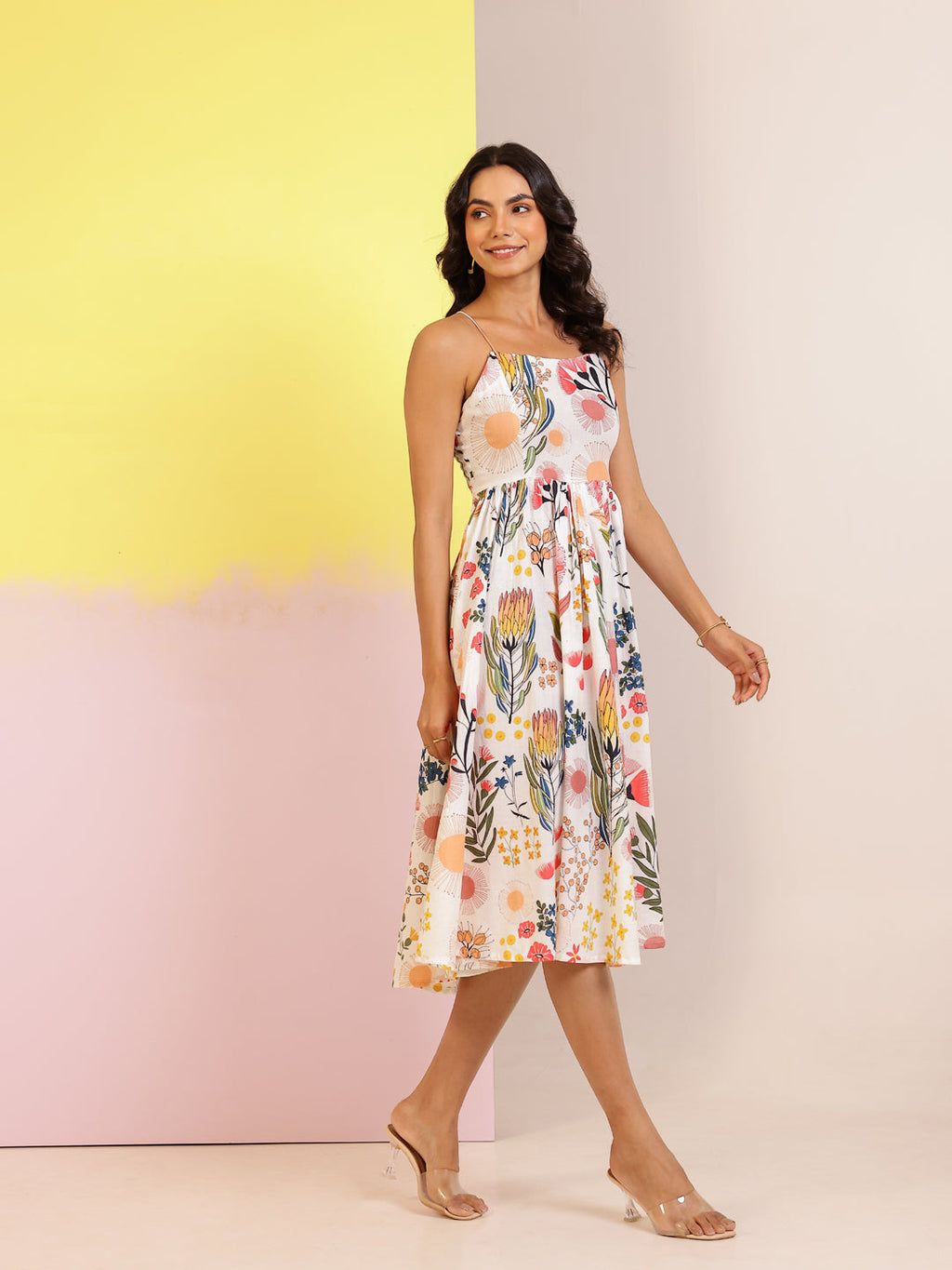 Off White Cotton Round Neck Printed Dress for Women - SanskrutiHomes 