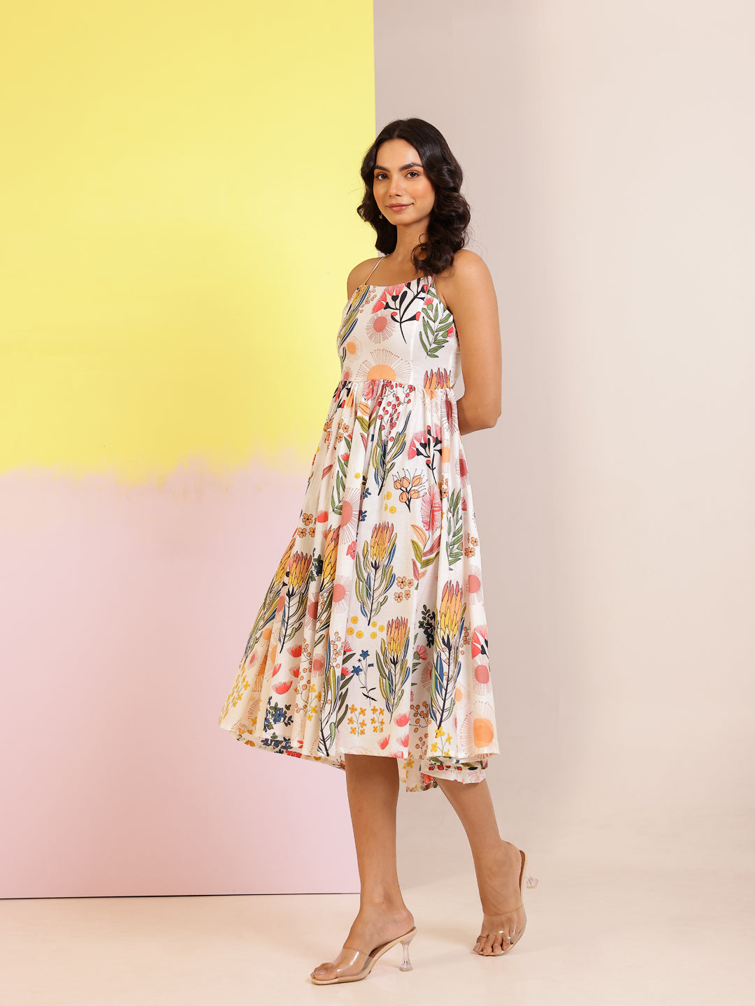 Off White Cotton Round Neck Printed Dress for Women - SanskrutiHomes 