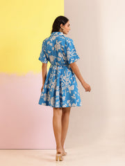 Blue Cotton Shirt Collar Printed Dress for Women - SanskrutiHomes 