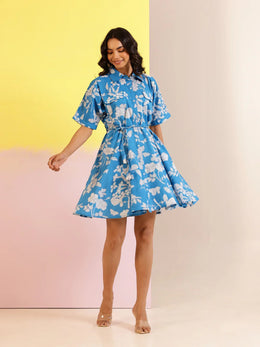 Blue Cotton Shirt Collar Printed Dress for Women - SanskrutiHomes 