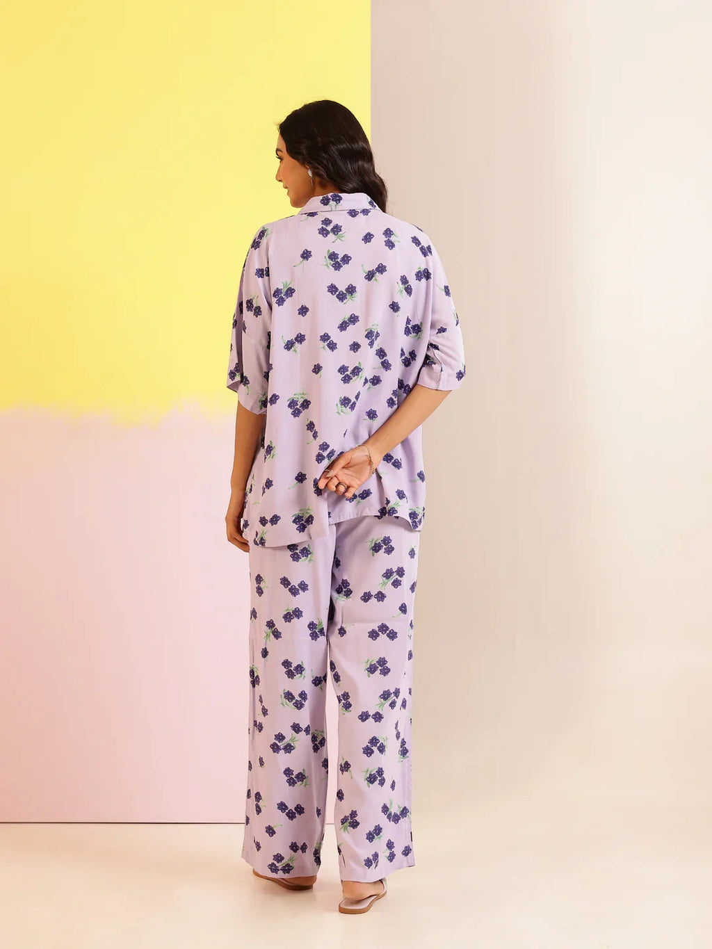Lavender Color Floral Printed Viscose Rayon Night Suit - SanskrutiHomes 