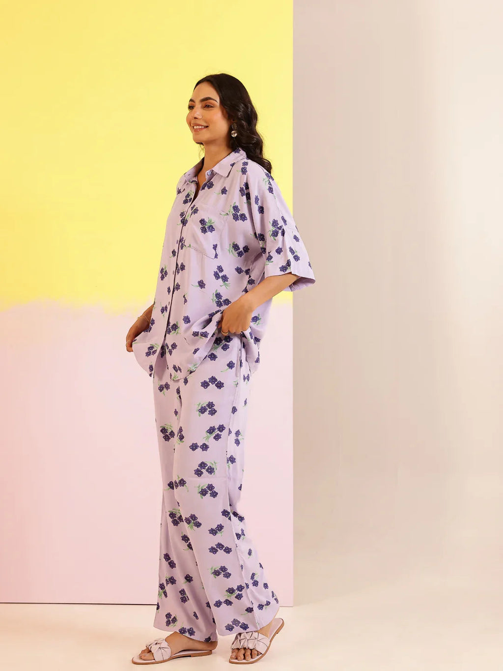 Lavender Color Floral Printed Viscose Rayon Night Suit - SanskrutiHomes 