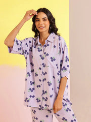 Lavender Color Floral Printed Viscose Rayon Night Suit - SanskrutiHomes 