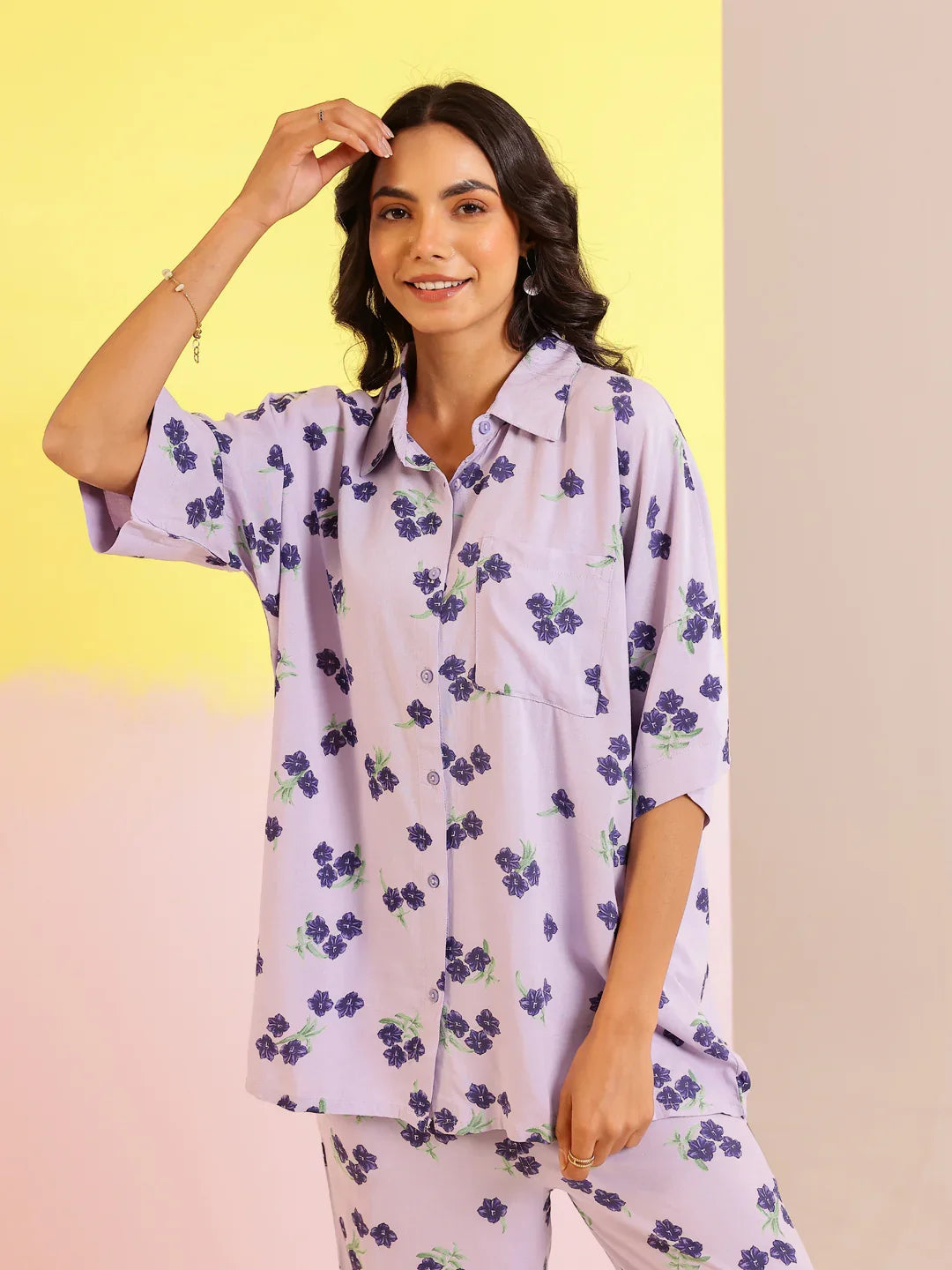Lavender Color Floral Printed Viscose Rayon Night Suit - SanskrutiHomes 