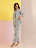Blue Color V-Neck Printed co-ords set for women - SanskrutiHomes 