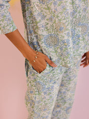 Blue Color V-Neck Printed co-ords set for women - SanskrutiHomes 