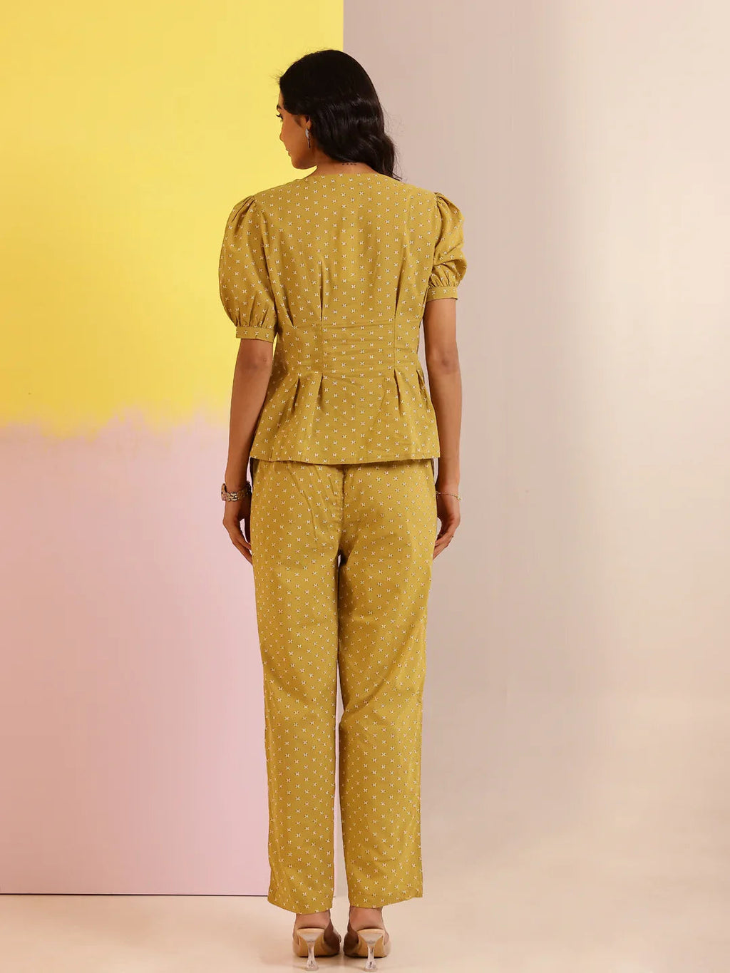 White Mandarin Collar Pure Cotton Printed Co-ords Set for Women - SanskrutiHomes 