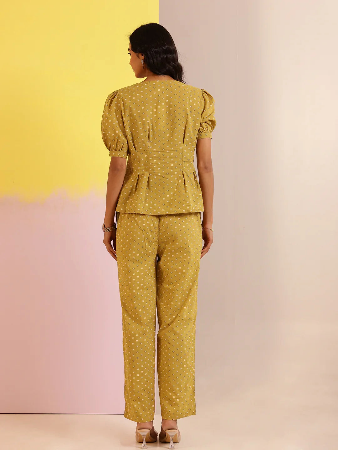 White Mandarin Collar Pure Cotton Printed Co-ords Set for Women - SanskrutiHomes 