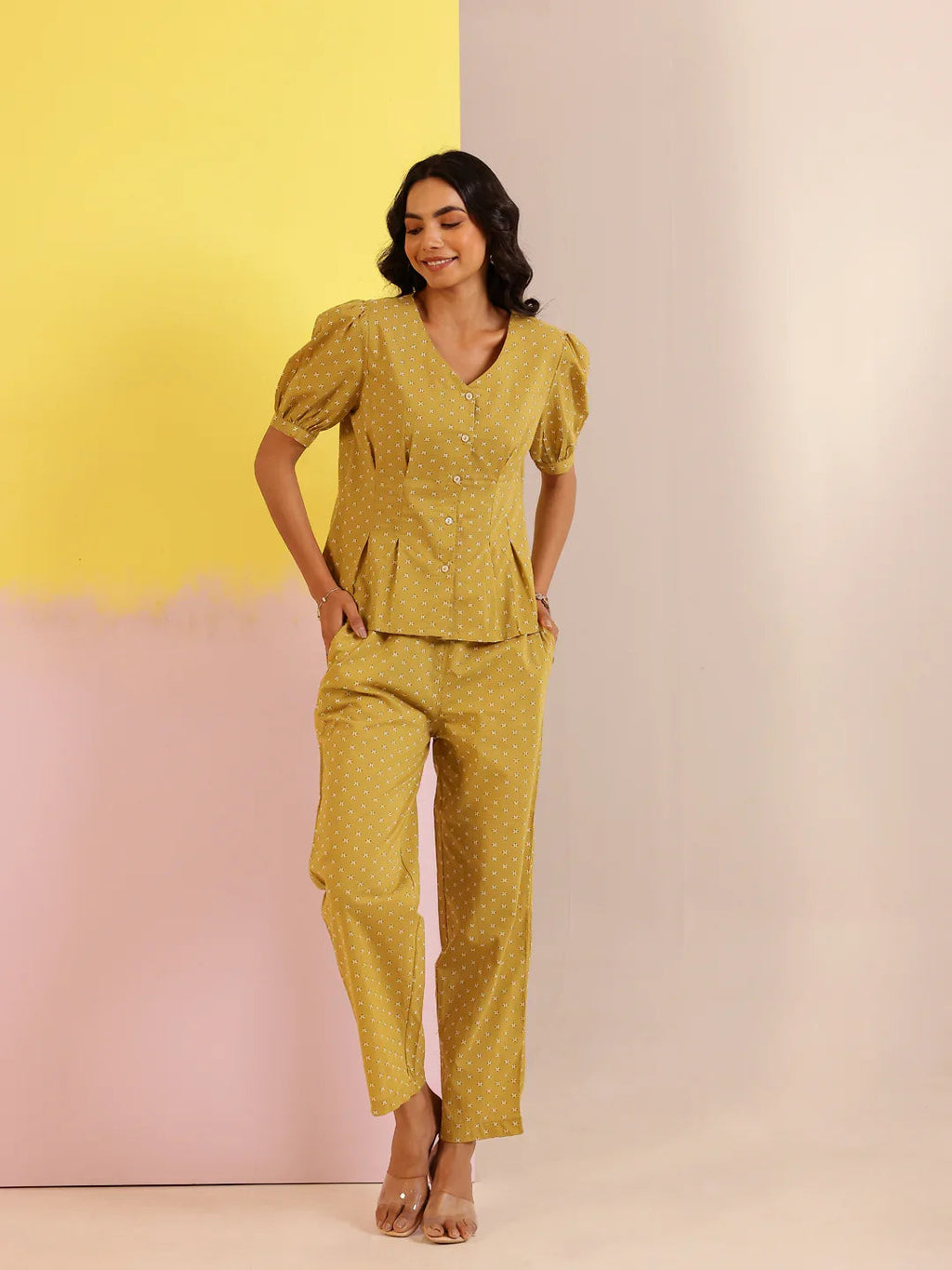 White Mandarin Collar Pure Cotton Printed Co-ords Set for Women - SanskrutiHomes 