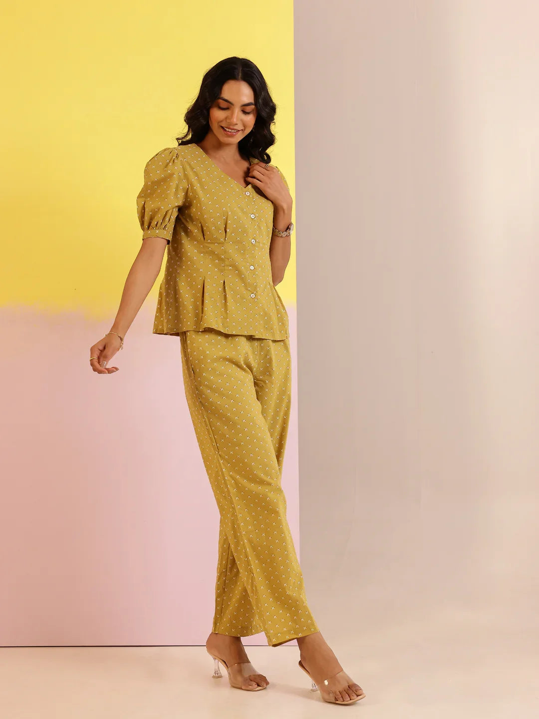 White Mandarin Collar Pure Cotton Printed Co-ords Set for Women - SanskrutiHomes 