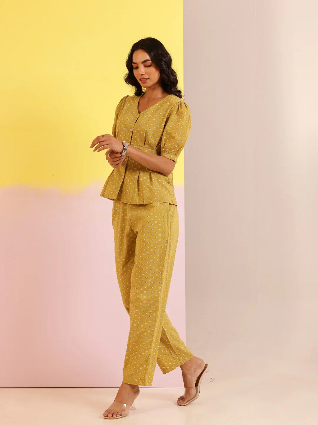 White Mandarin Collar Pure Cotton Printed Co-ords Set for Women - SanskrutiHomes 