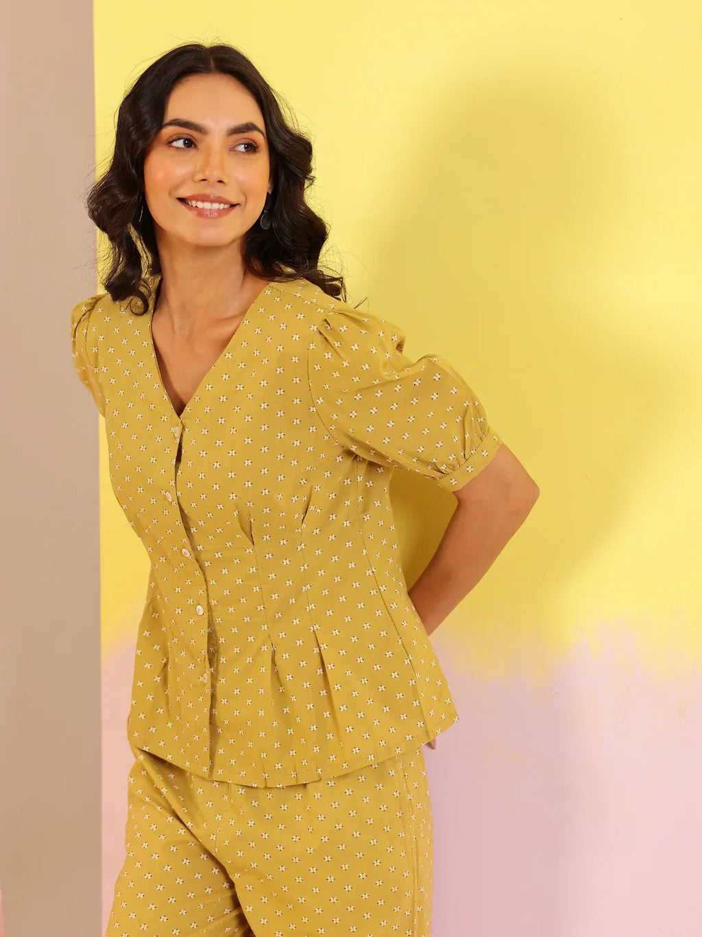 White Mandarin Collar Pure Cotton Printed Co-ords Set for Women - SanskrutiHomes 