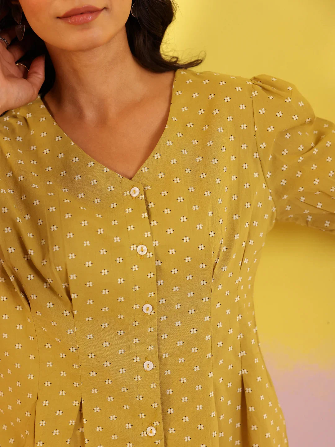 White Mandarin Collar Pure Cotton Printed Co-ords Set for Women - SanskrutiHomes 