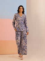 Navy Blue V-Neck Viscose Rayon Printed Co-ords Set for Women - SanskrutiHomes 