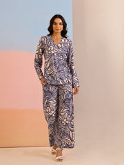 Navy Blue V-Neck Viscose Rayon Printed Co-ords Set for Women - SanskrutiHomes 