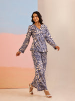 Navy Blue V-Neck Viscose Rayon Printed Co-ords Set for Women - SanskrutiHomes 
