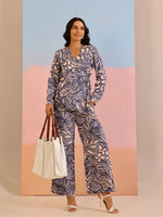 Navy Blue V-Neck Viscose Rayon Printed Co-ords Set for Women - SanskrutiHomes 