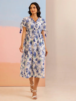 Blue Color Floral Printed Cotton Dress For Women