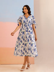 Blue Color Floral Printed Cotton Dress For Women