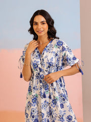 Blue Color Floral Printed Cotton Dress For Women