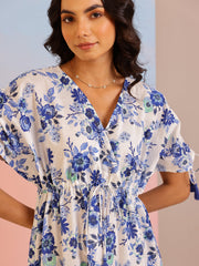 Blue Color Floral Printed Cotton Dress For Women