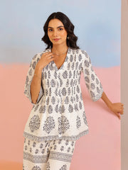 White Floral Printed Cotton Co-Ord Set