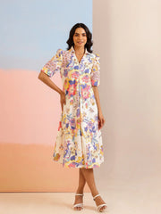 White Color Floral Printed Cotton dress for women - SanskrutiHomes 