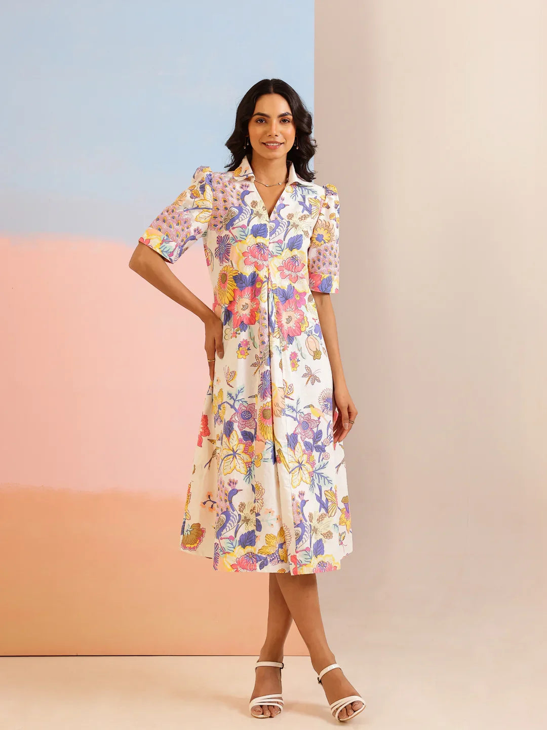 White Color Floral Printed Cotton dress for women - SanskrutiHomes 