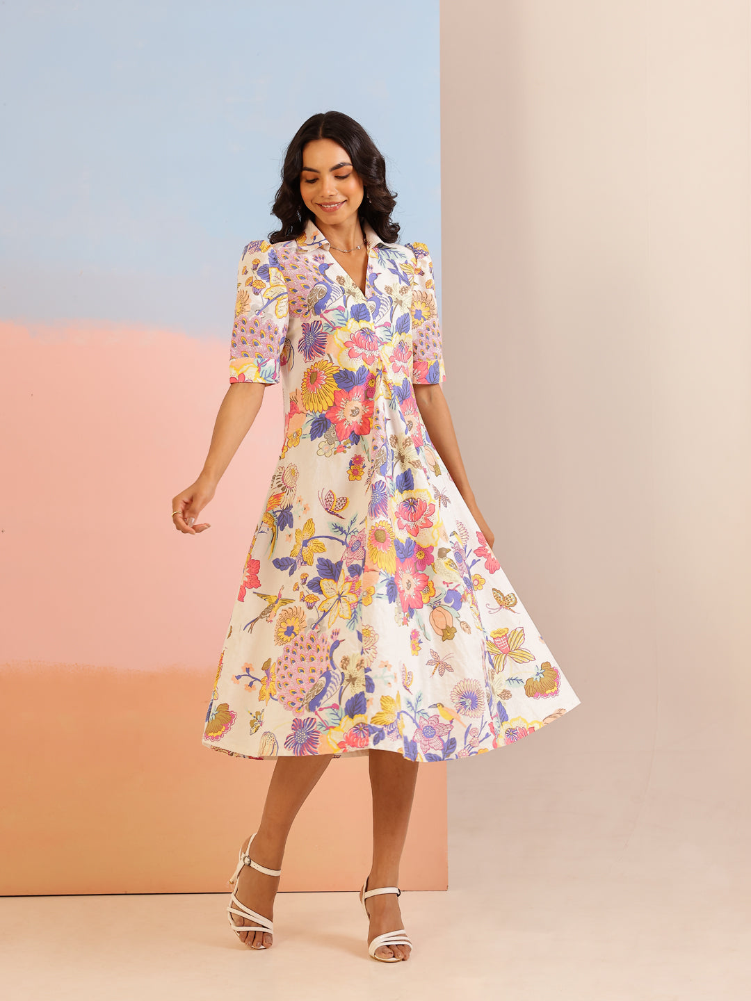 White Color Floral Printed Cotton dress for women - SanskrutiHomes 