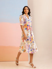 White Color Floral Printed Cotton dress for women - SanskrutiHomes 